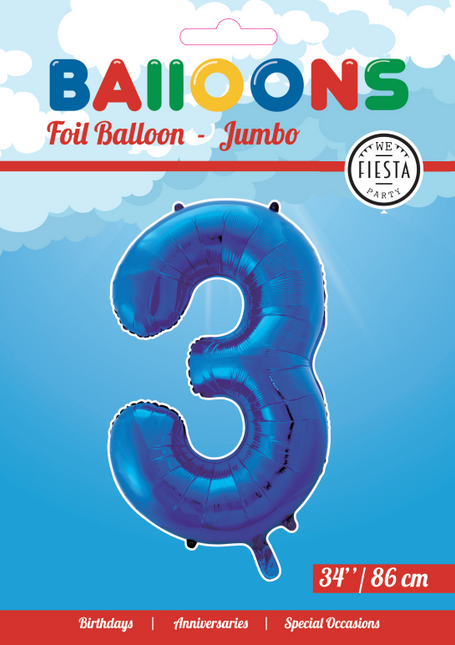 Folie Ballon Cijfer 3 Blauw XL 86cm leeg