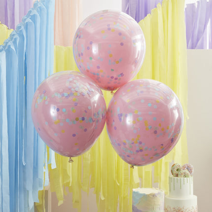 Roze Confetti Ballonnen Pastel Dubbellaags 45cm 3st