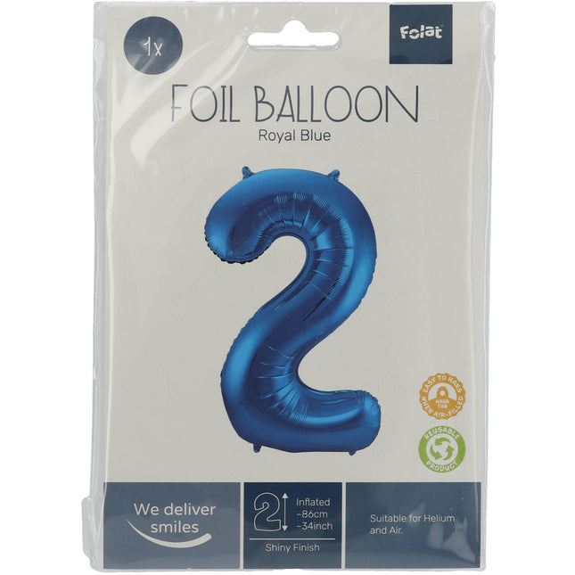 Folie Ballon Cijfer 2 Blauw Metallic XL 86cm leeg