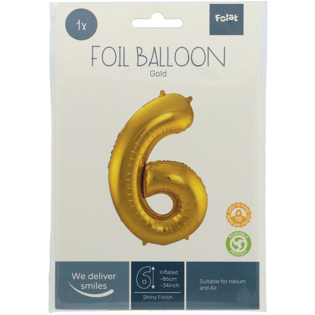 Folie Ballon Cijfer 6 Goud Metallic XL 86cm leeg