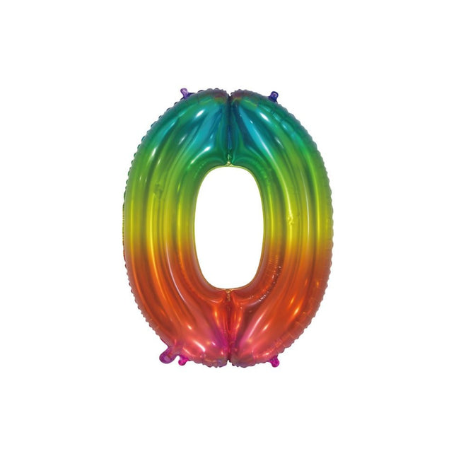 Folieballon Cijfer 0 Regenboog Transparant 66cm