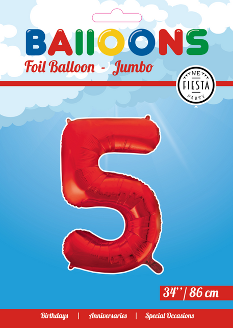 Folie Ballon Cijfer 5 Rood XL 86cm leeg