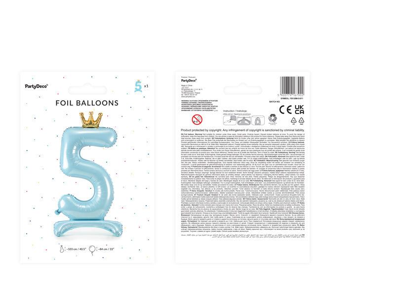 Folie Ballon Cijfer 5 Lichtblauw Standaard Leeg 84cm