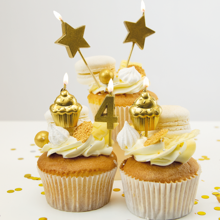 Kaarsjes 4 Jaar Cupcake Goud 17,5cm