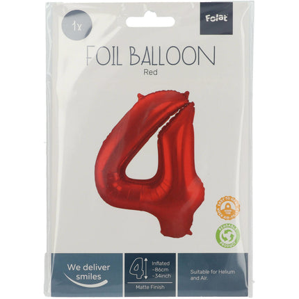 Folie Ballon Cijfer 4 Mat Rood XL 86cm leeg