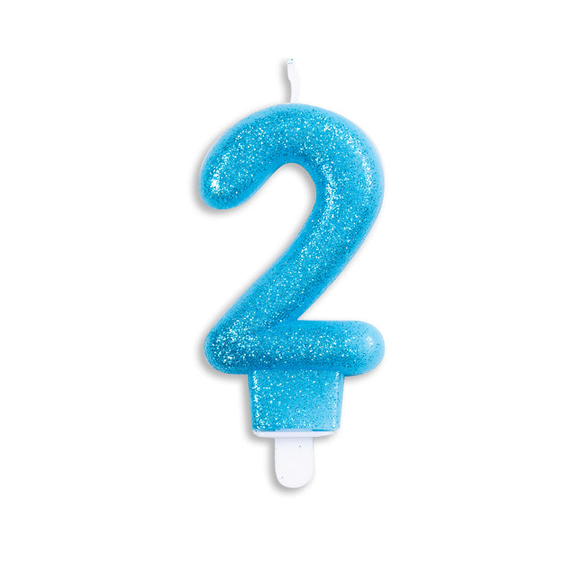 Kaars 2 Jaar Blauwe Glitter 7cm