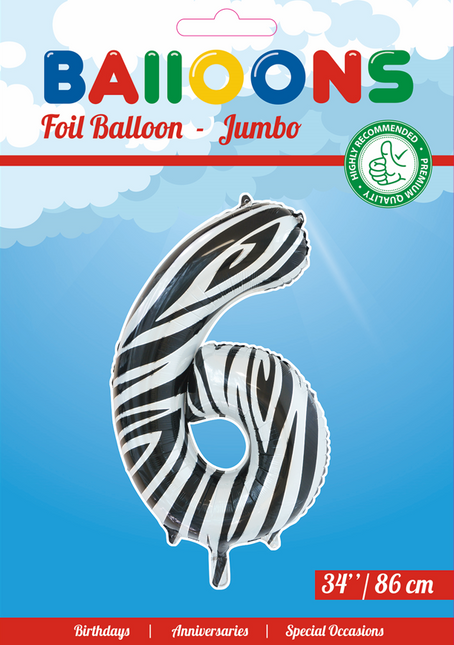 Folie Ballon Cijfer 6 Zebra XL 86cm leeg