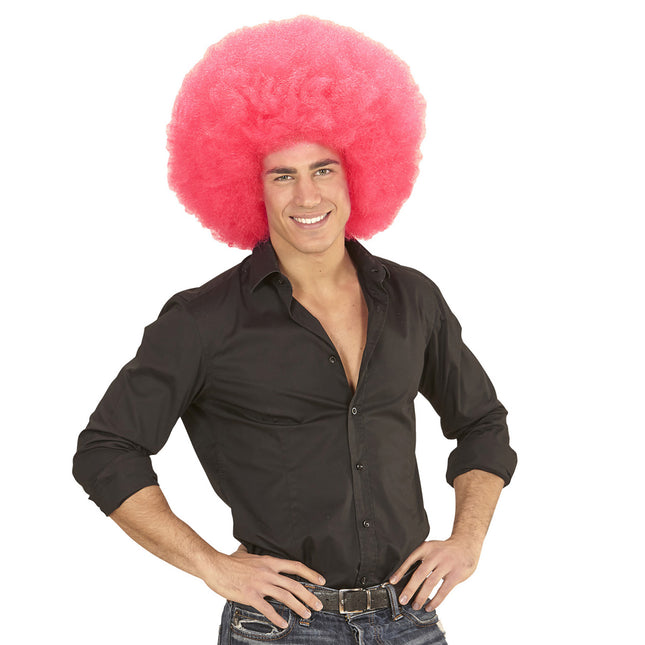 Roze Pruik Afro Extra Groot