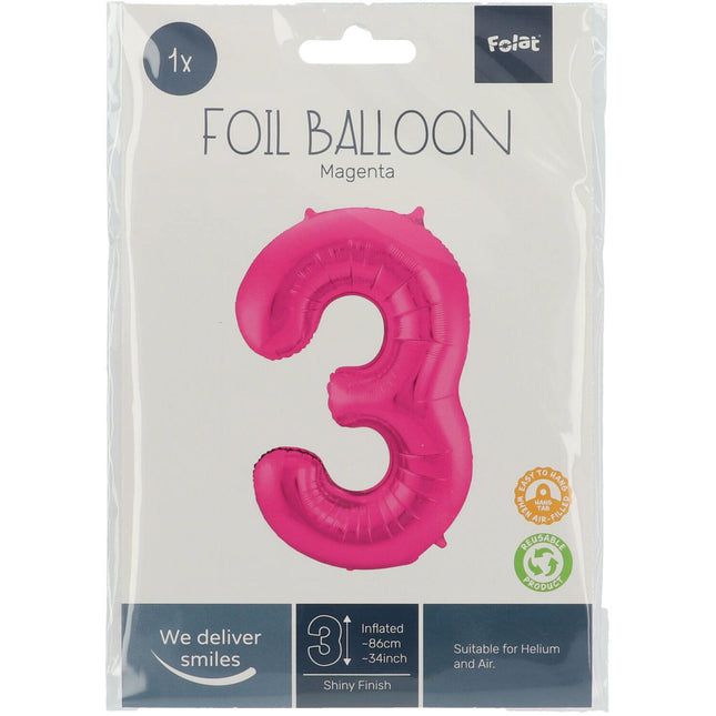 Folie Ballon Cijfer 3 Fuchsia Metallic XL 86cm leeg