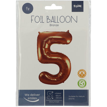 Folie Ballon Cijfer 5 Brons XL 86cm leeg