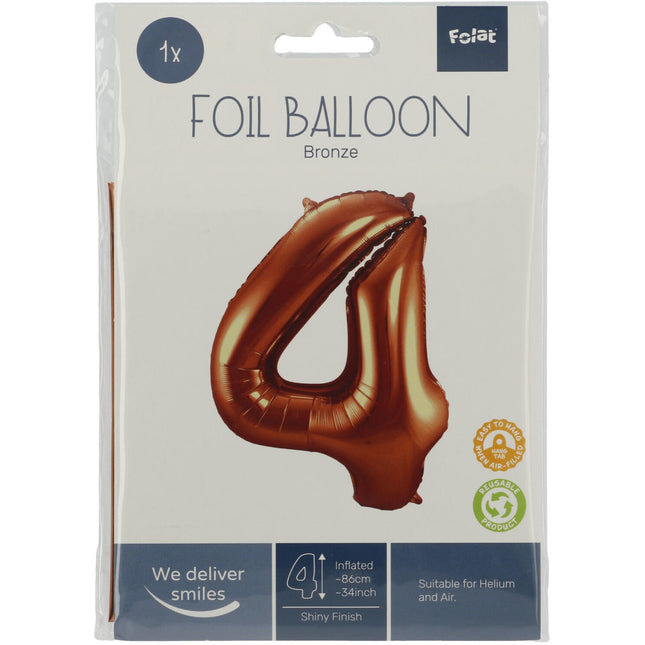 Folie Ballon Cijfer 4 Brons XL 86cm leeg