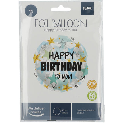 Helium Ballon Happy Birthday Sterren Blauw Goud Leeg 45cm