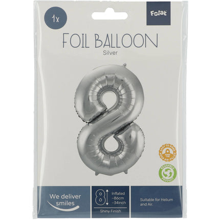 Folie Ballon Cijfer 8 Zilver Metallic XL 86cm leeg