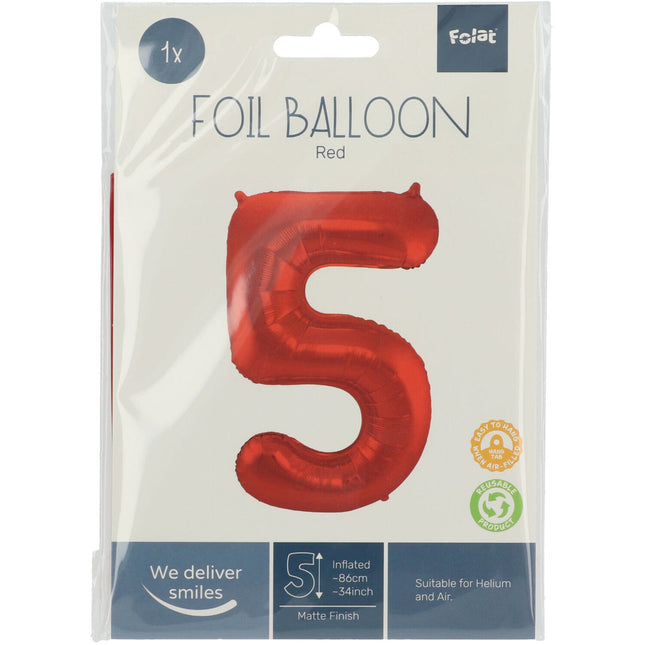 Folie Ballon Cijfer 5 Mat Rood XL 86cm leeg