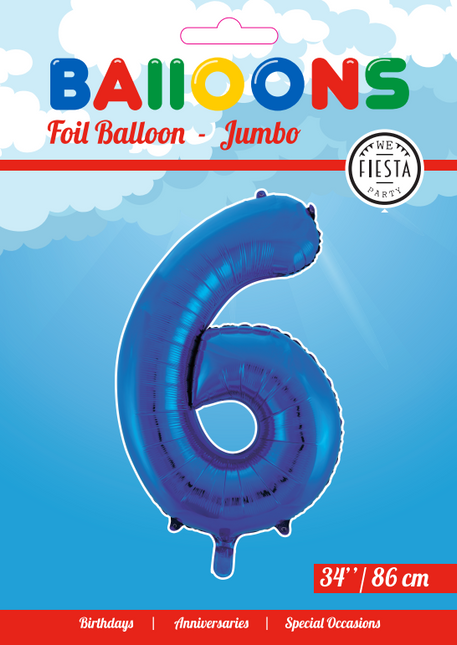 Folie Ballon Cijfer 6 Blauw XL 86cm leeg