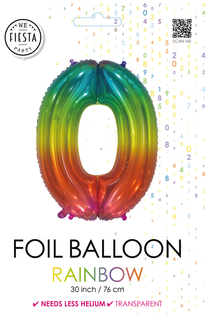 Folieballon Cijfer 0 Regenboog Transparant 66cm