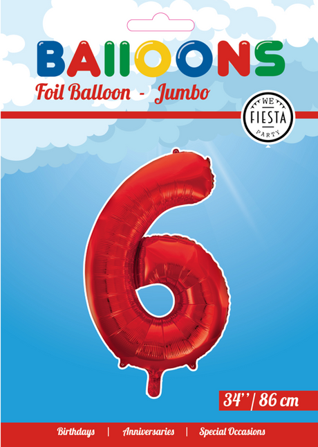 Folie Ballon Cijfer 6 Rood XL 86cm leeg