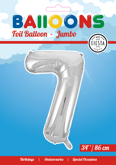 Folie Ballon Cijfer 7 Zilver XL 86cm leeg