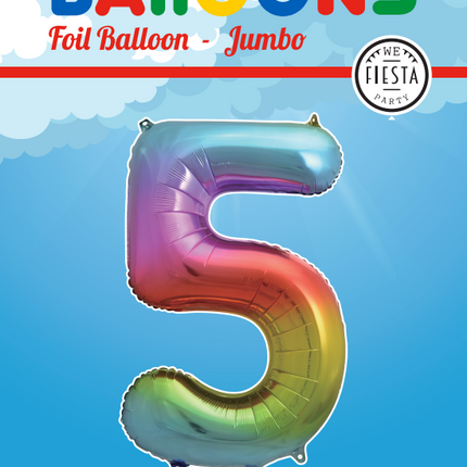 Folie Ballon Cijfer 5 Regenboog XL 86cm leeg