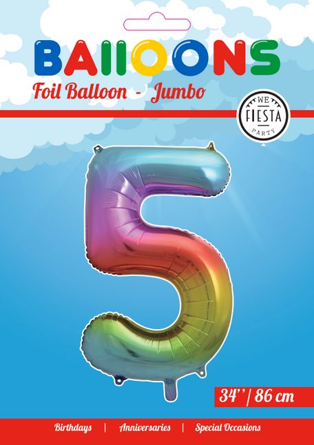 Folie Ballon Cijfer 5 Regenboog XL 86cm leeg