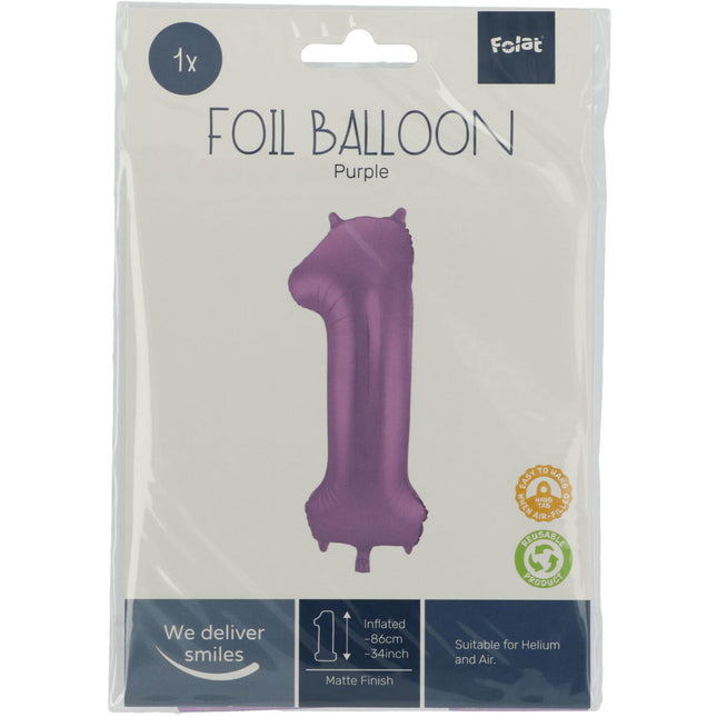 Folie Ballon Cijfer 1 Mat Paars XL 86cm leeg