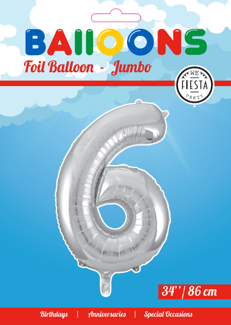 Folie Ballon Cijfer 6 Zilver XL 86cm leeg