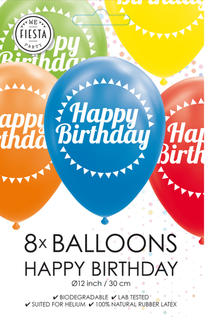 Gekleurde Happy Birthday Ballonnen 30,5cm 8st