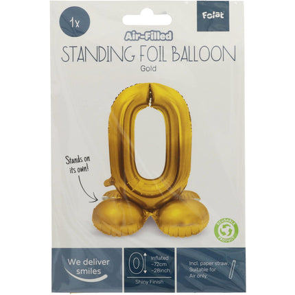 Folie Ballon Cijfer 0 Goud met standaard 72cm