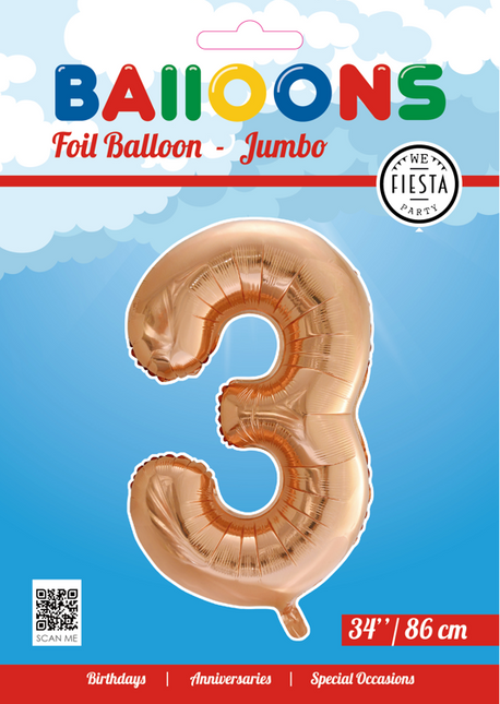 Folie Ballon Cijfer 3 Rose Goud XL 86cm leeg