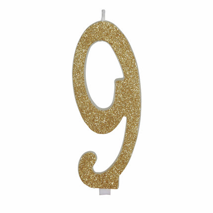 Gouden Kaars 9 Jaar Glitter 12,5cm