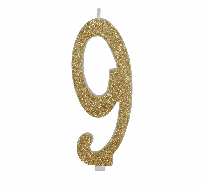 Gouden Kaars 9 Jaar Glitter 12,5cm