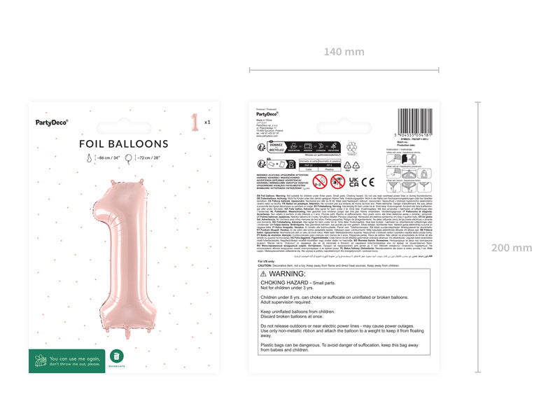 Foil Balloon Number ''1'', 72cm, light pink