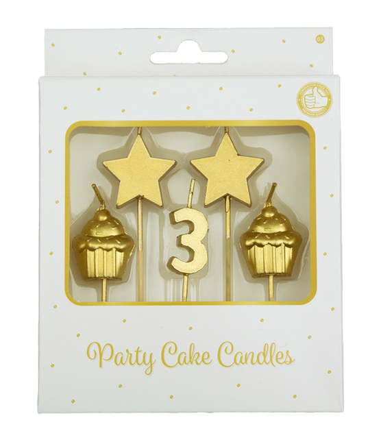 Kaarsjes 3 Jaar Cupcake Goud 17,5cm