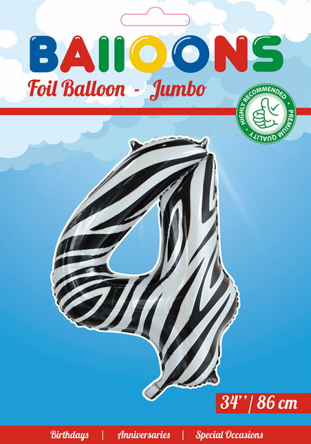 Folie Ballon Cijfer 4 Zebra XL 86cm leeg