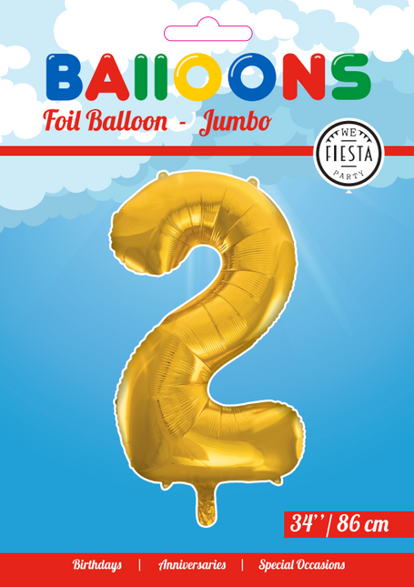 Folie Ballon Cijfer 2 Goud XL 86cm leeg