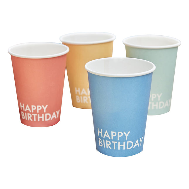 Gekleurde Happy Birthday Bekers 266ml 8st