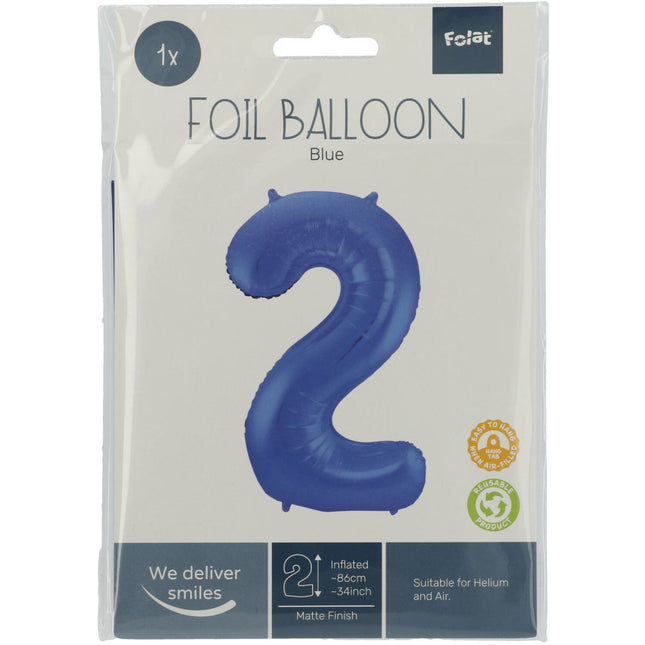 Folie Ballon Cijfer 2 Mat Blauw XL 86cm leeg