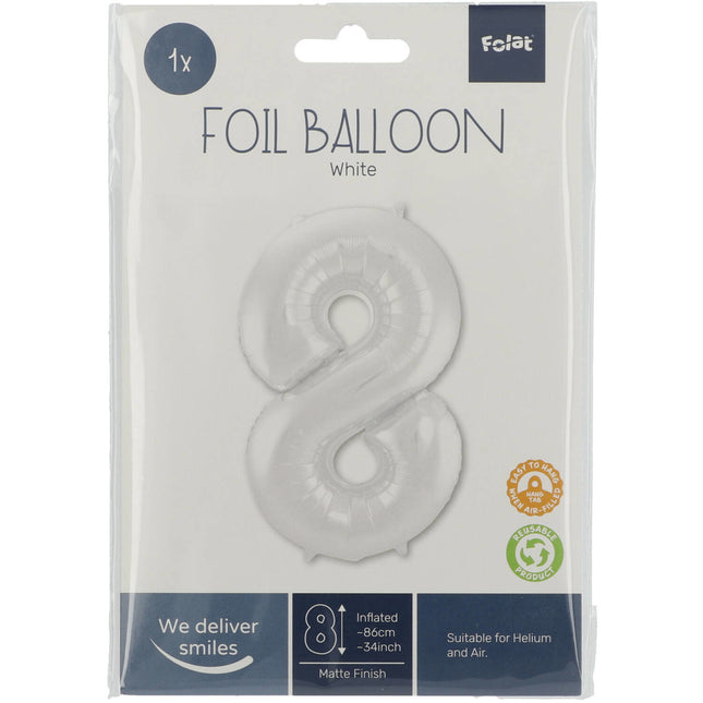 Folie Ballon Cijfer 8 Mat Wit XL 86cm leeg