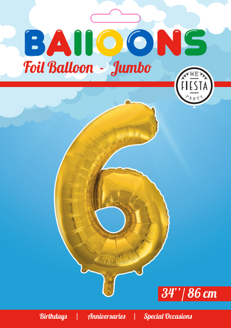 Folie Ballon Cijfer 6 Goud XL 86cm leeg