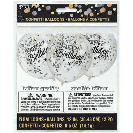 Confetti Ballonnen Happy Birthday Zwart 30cm 6st