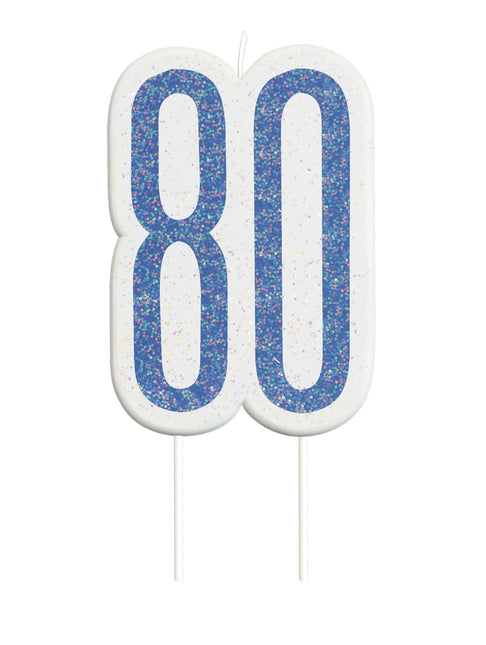 Kaars 80 Jaar Glitter Blauw 8,5cm