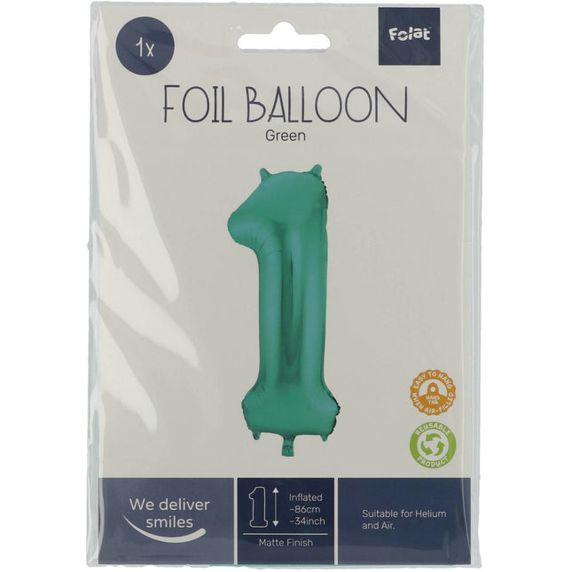 Folie Ballon Cijfer 1 Mat Groen XL 86cm leeg