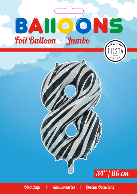 Folie Ballon Cijfer 8 Zebra XL 86cm leeg