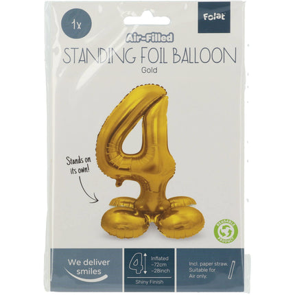 Folie Ballon Cijfer 4 Goud met standaard 72cm