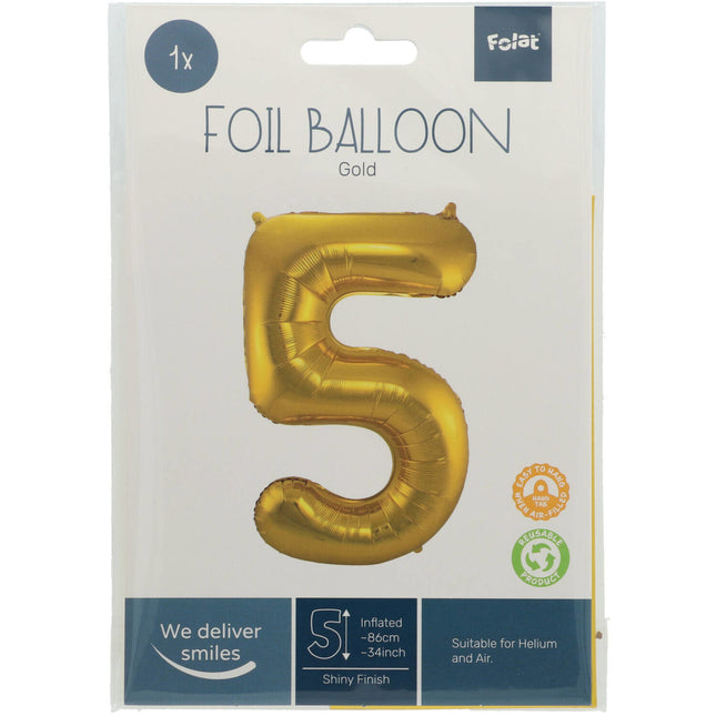 Folie Ballon Cijfer 5 Goud Metallic XL 86cm leeg