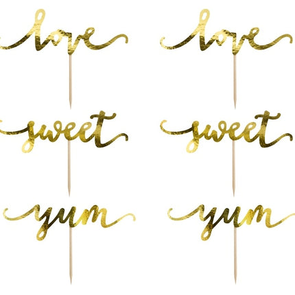 Cupcake Toppers Goud Sweet Love Yum 13cm 6st