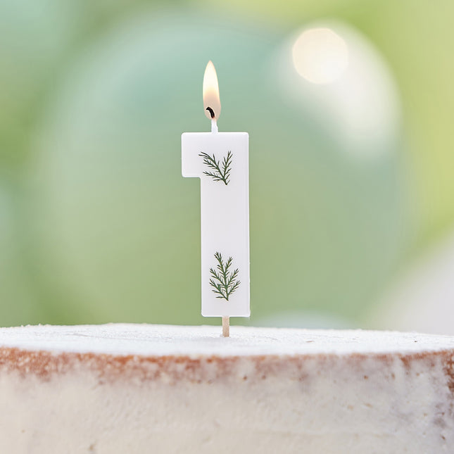 Witte Kaars 1 Jaar Gebladerd 5cm