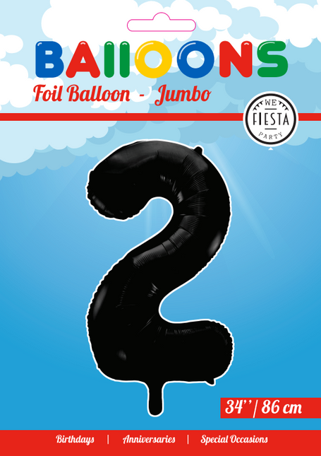 Folie Ballon Cijfer 2 Zwart XL 86cm leeg