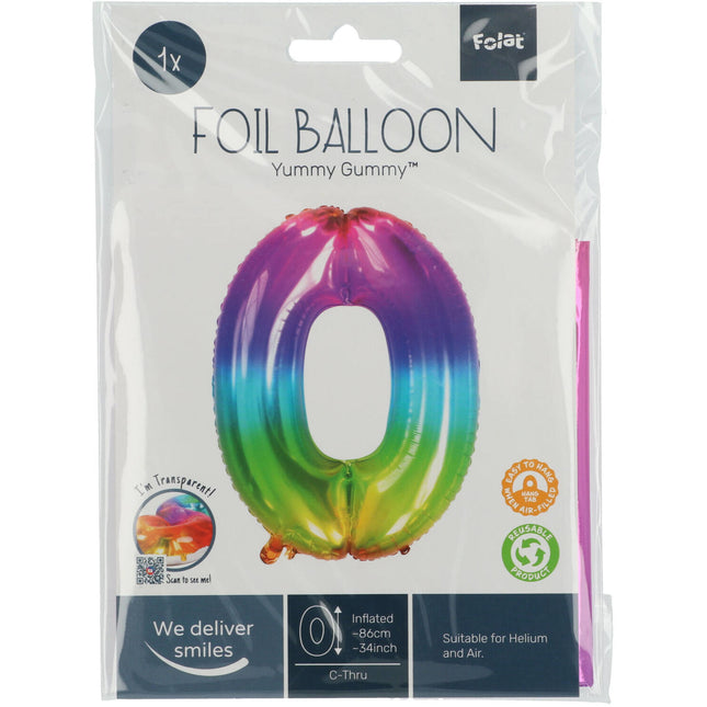 Folie Ballon Cijfer 0 Regenboog XL 81cm leeg