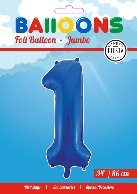 Folie Ballon Cijfer 1 Blauw XL 86cm leeg